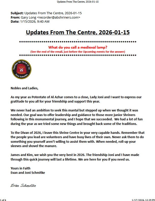 Support for our Incoming Potentate